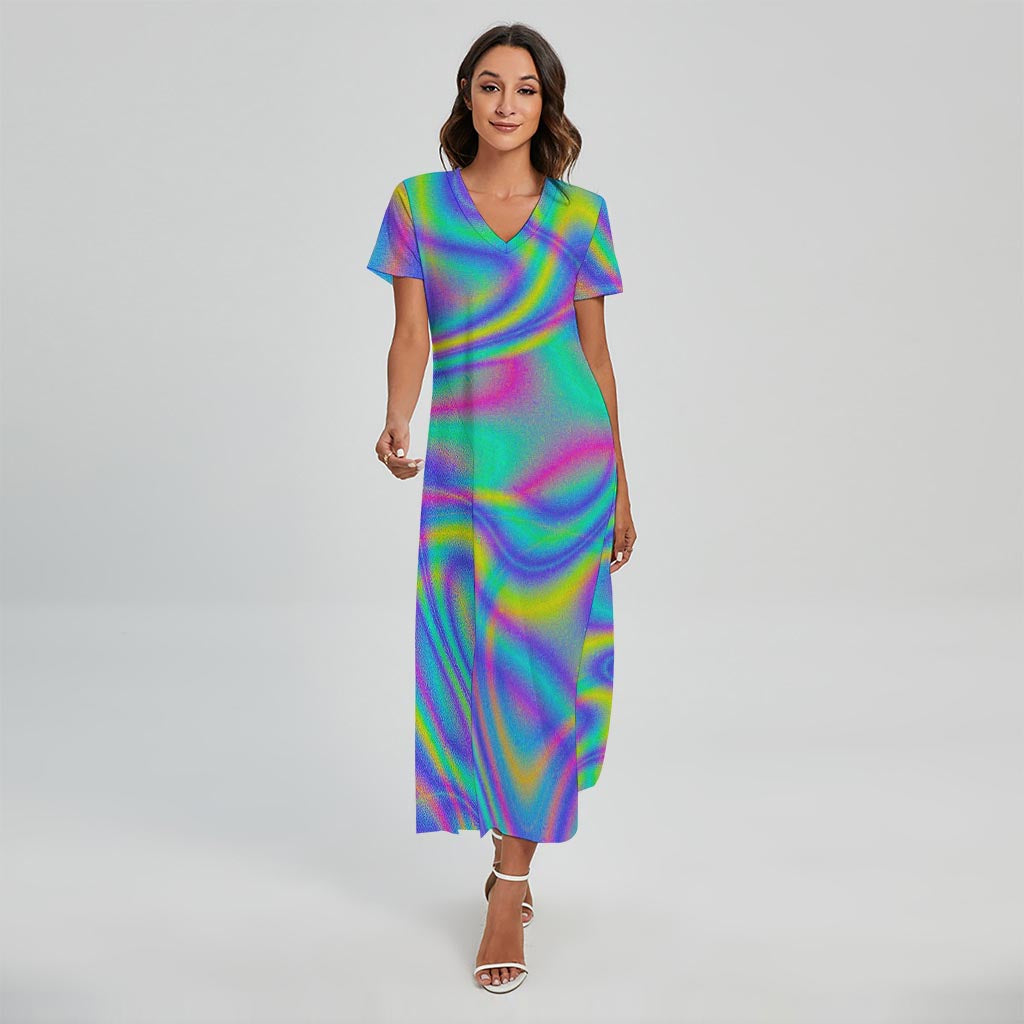 Turquoise Holographic Trippy Print Short Sleeve Maxi Dress