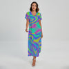 Turquoise Holographic Trippy Print Short Sleeve Maxi Dress