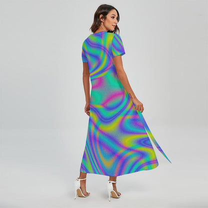 Turquoise Holographic Trippy Print Short Sleeve Maxi Dress