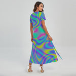 Turquoise Holographic Trippy Print Short Sleeve Maxi Dress