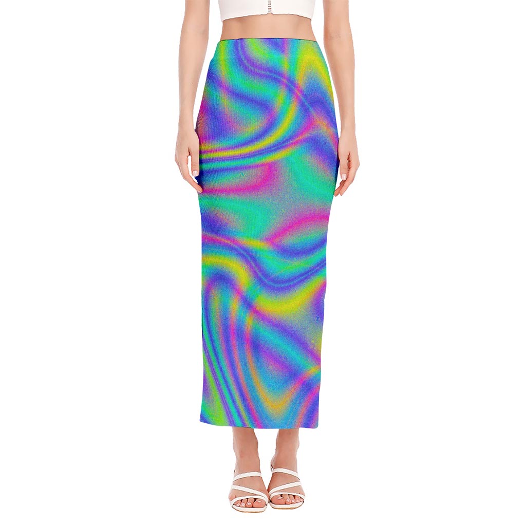 Turquoise Holographic Trippy Print Side Slit Maxi Skirt