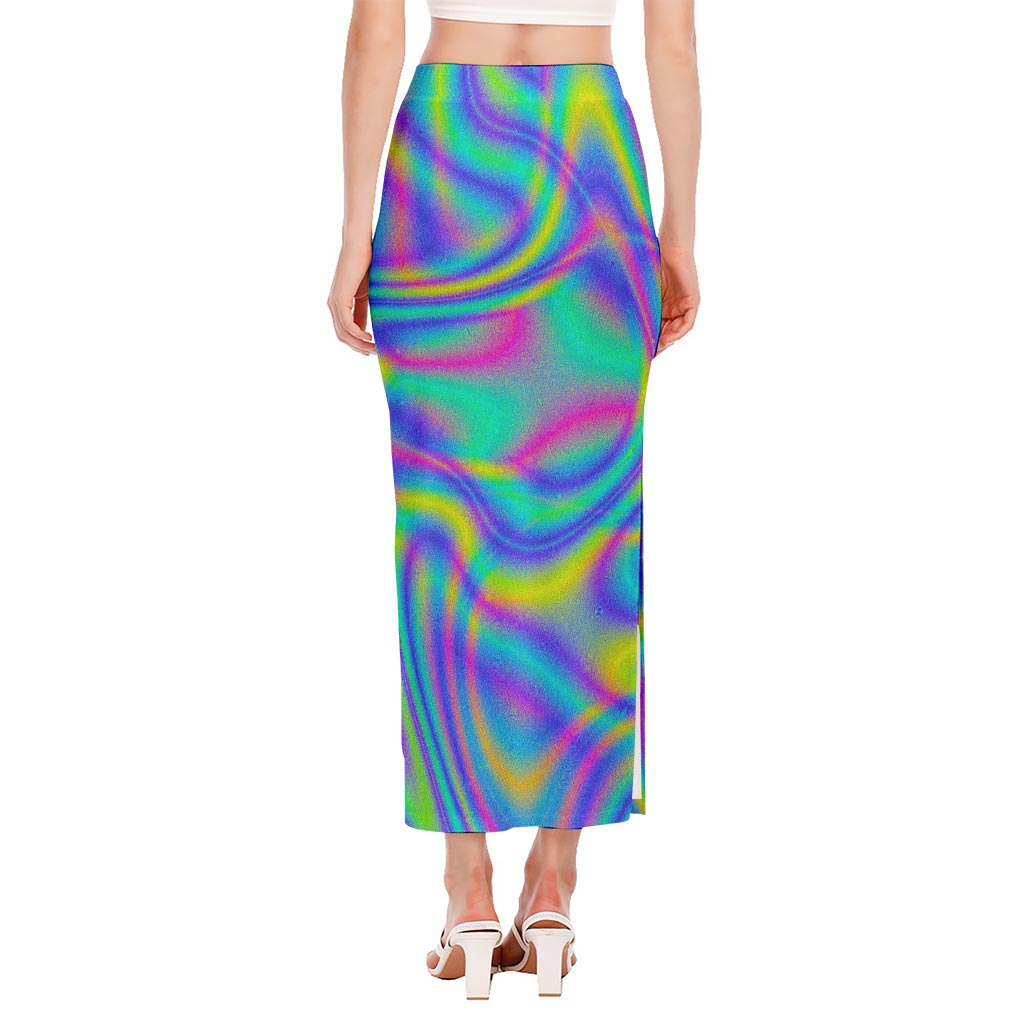 Turquoise Holographic Trippy Print Side Slit Maxi Skirt
