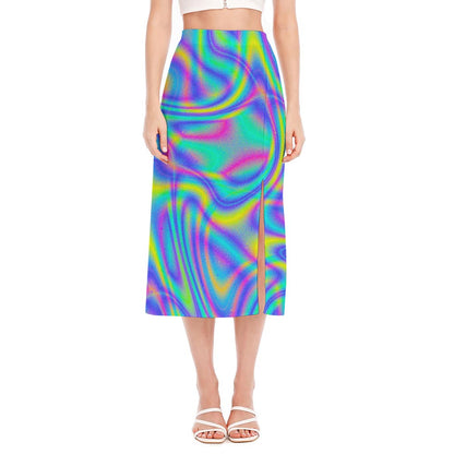 Turquoise Holographic Trippy Print Side Slit Midi Skirt