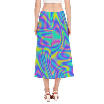 Turquoise Holographic Trippy Print Side Slit Midi Skirt