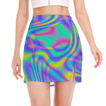 Turquoise Holographic Trippy Print Side Slit Mini Skirt