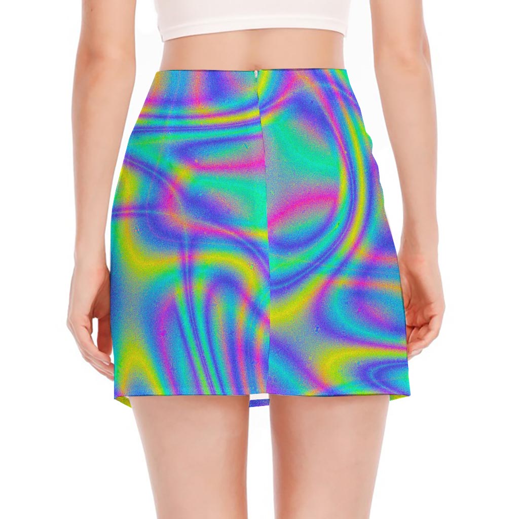Turquoise Holographic Trippy Print Side Slit Mini Skirt