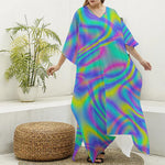 Turquoise Holographic Trippy Print Silk V-Neck Kaftan Dress