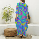 Turquoise Holographic Trippy Print Silk V-Neck Kaftan Dress