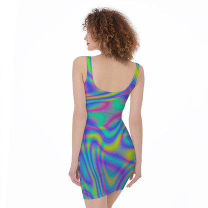 Turquoise Holographic Trippy Print Sleeveless Bodycon Dress