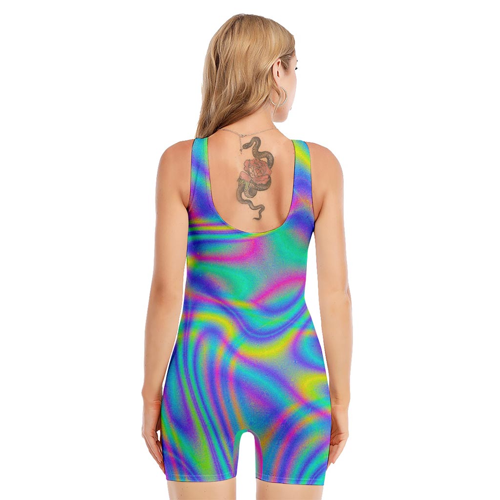 Turquoise Holographic Trippy Print Sleeveless One Piece Swimsuit