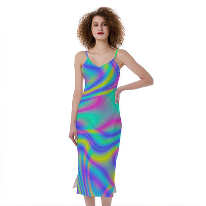 Turquoise Holographic Trippy Print Slim Fit Midi Cami Dress