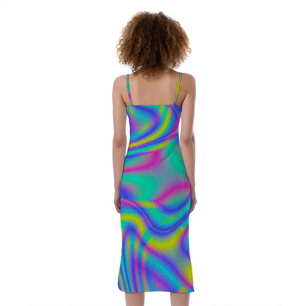 Turquoise Holographic Trippy Print Slim Fit Midi Cami Dress