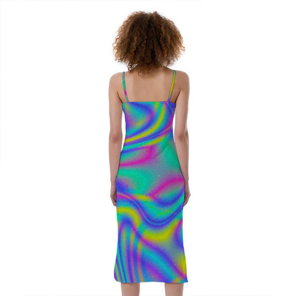 Turquoise Holographic Trippy Print Slim Fit Midi Cami Dress