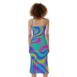 Turquoise Holographic Trippy Print Slim Fit Midi Cami Dress