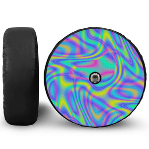 Turquoise Holographic Trippy Print Tire Cover With Camera Hole