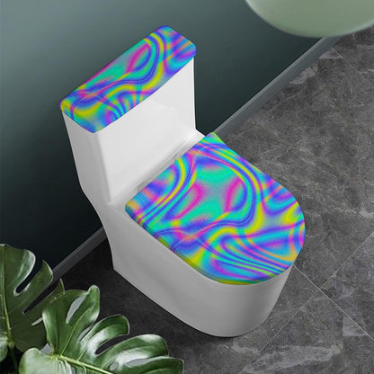Turquoise Holographic Trippy Print Toilet Lid And Tank Cover Set