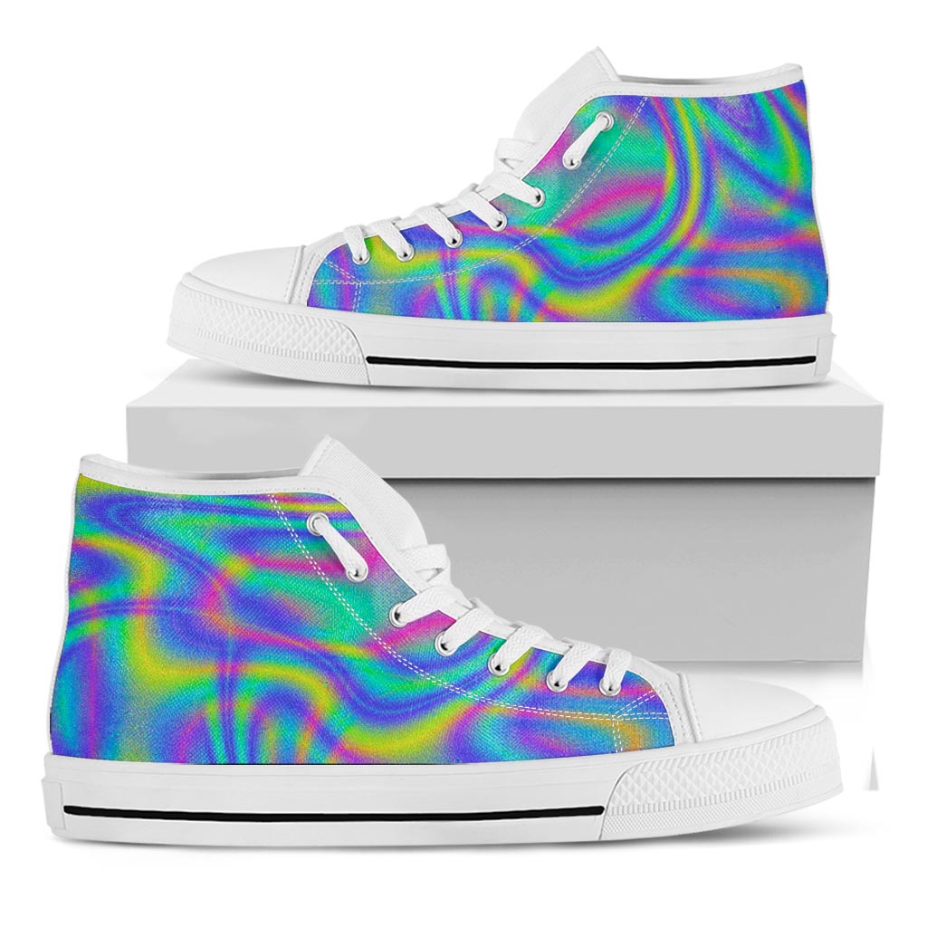 Turquoise Holographic Trippy Print White High Top Sneakers
