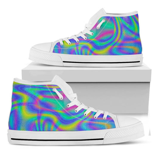 Turquoise Holographic Trippy Print White High Top Sneakers