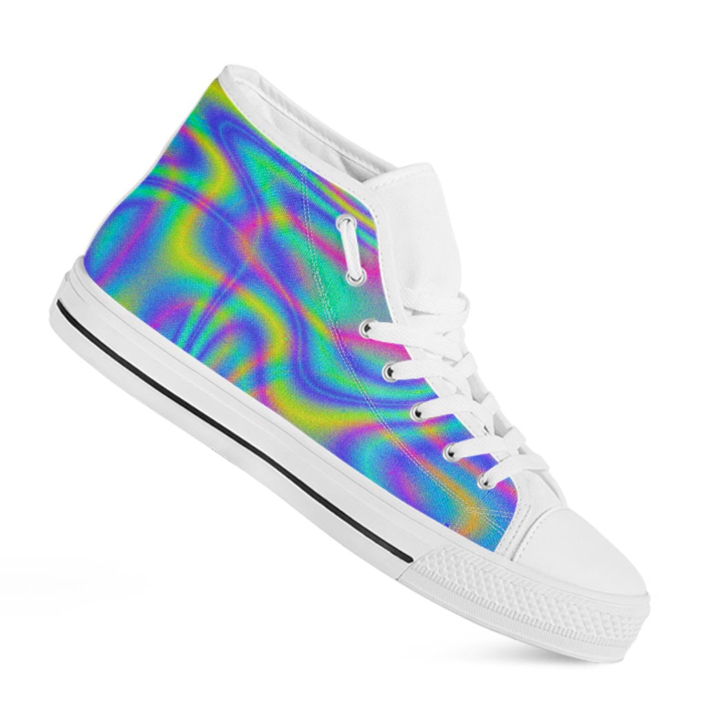 Turquoise Holographic Trippy Print White High Top Sneakers