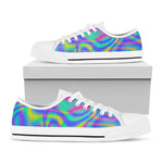 Turquoise Holographic Trippy Print White Low Top Sneakers