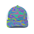 Turquoise Holographic Trippy Print White Mesh Trucker Hat