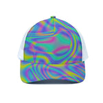 Turquoise Holographic Trippy Print White Mesh Trucker Cap