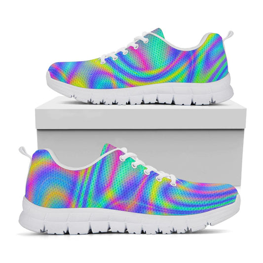 Turquoise Holographic Trippy Print White Running Shoes
