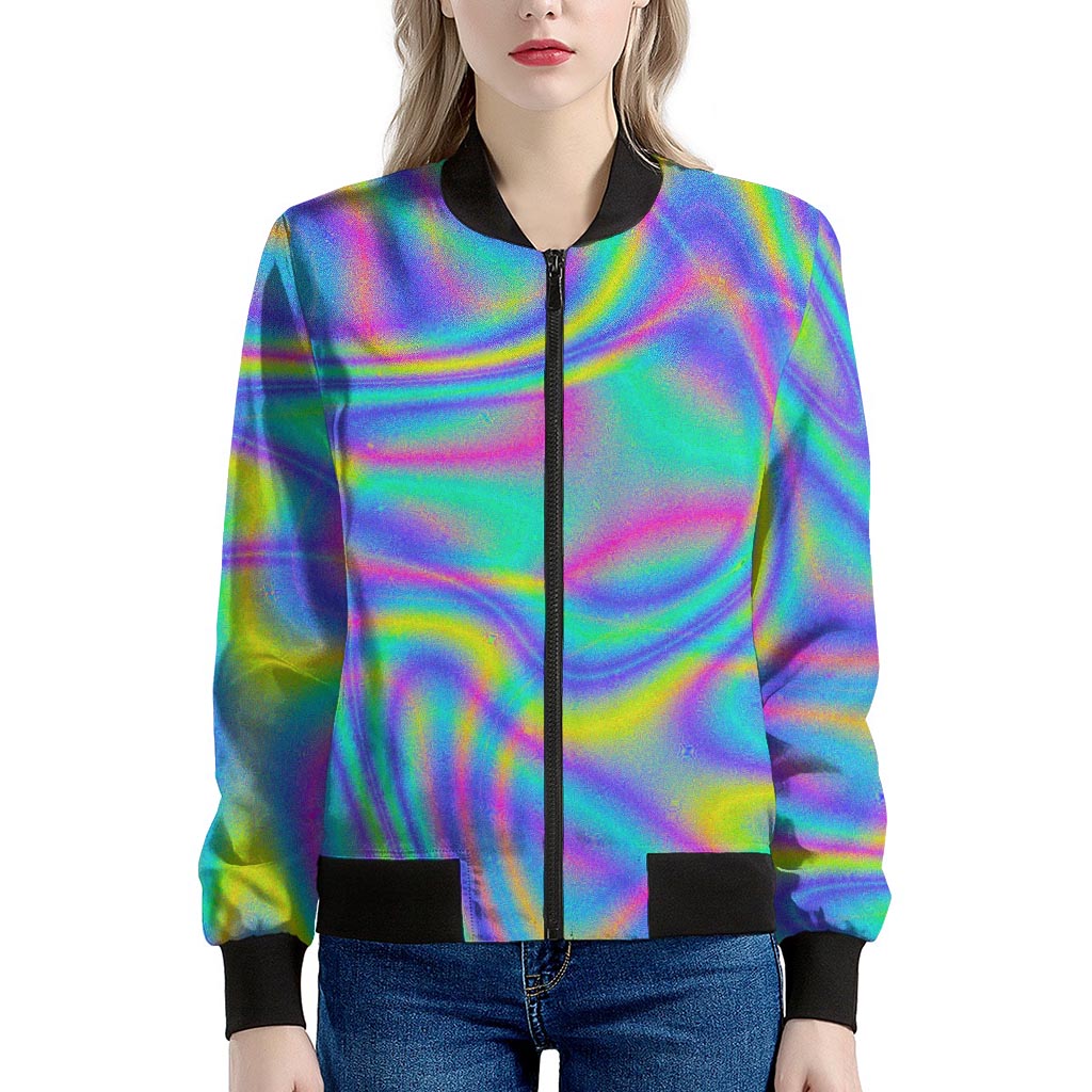 Turquoise Holographic Trippy Print Women's Bomber Jacket