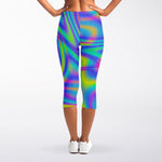 Turquoise Holographic Trippy Print Women's Capri Leggings