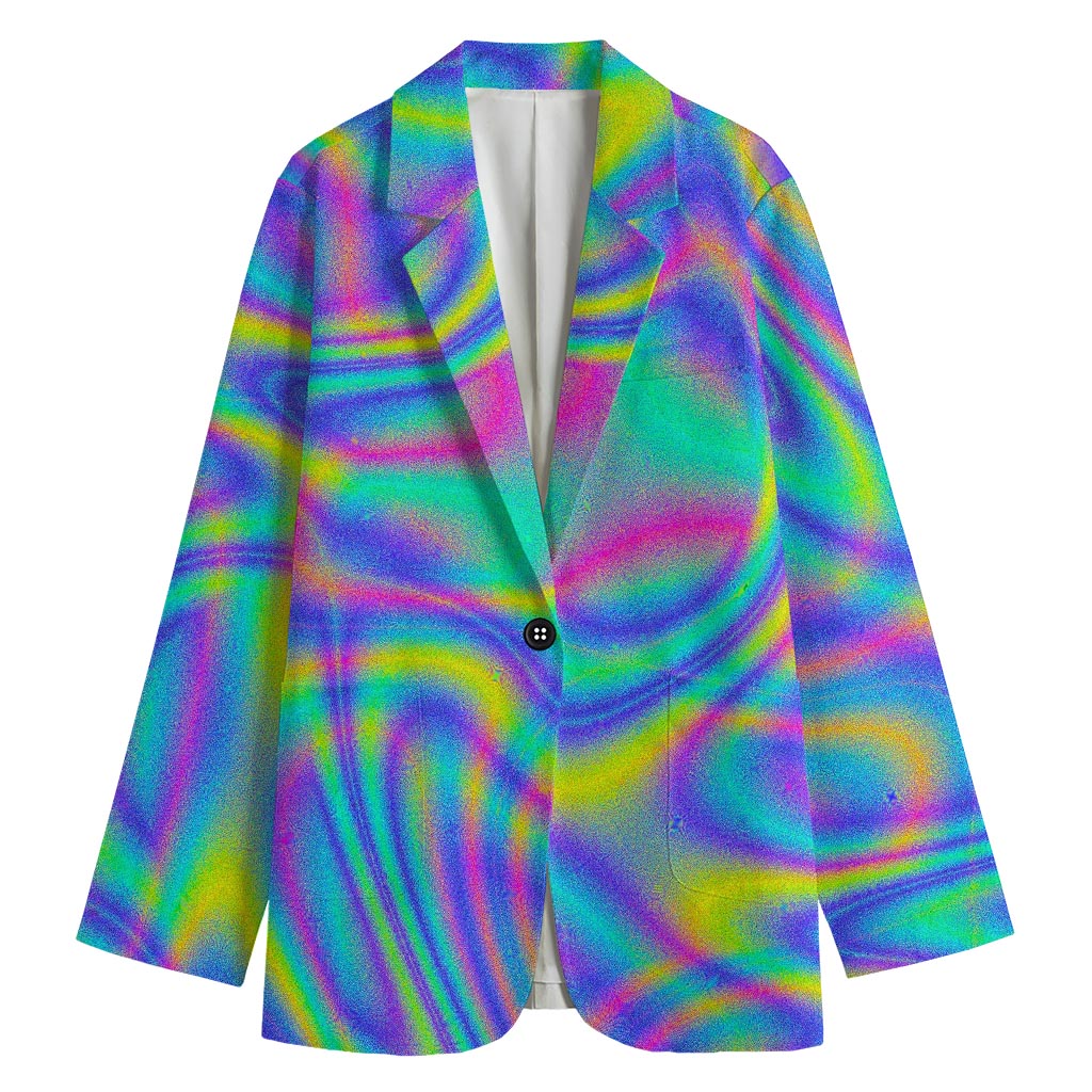 Turquoise Holographic Trippy Print Women's Cotton Blazer