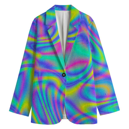 Turquoise Holographic Trippy Print Women's Cotton Blazer