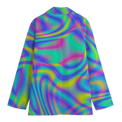 Turquoise Holographic Trippy Print Women's Cotton Blazer