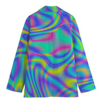 Turquoise Holographic Trippy Print Women's Cotton Blazer