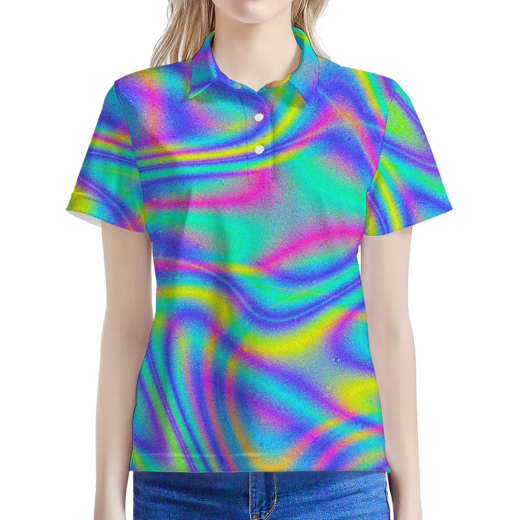 Turquoise Holographic Trippy Print Women's Polo Shirt