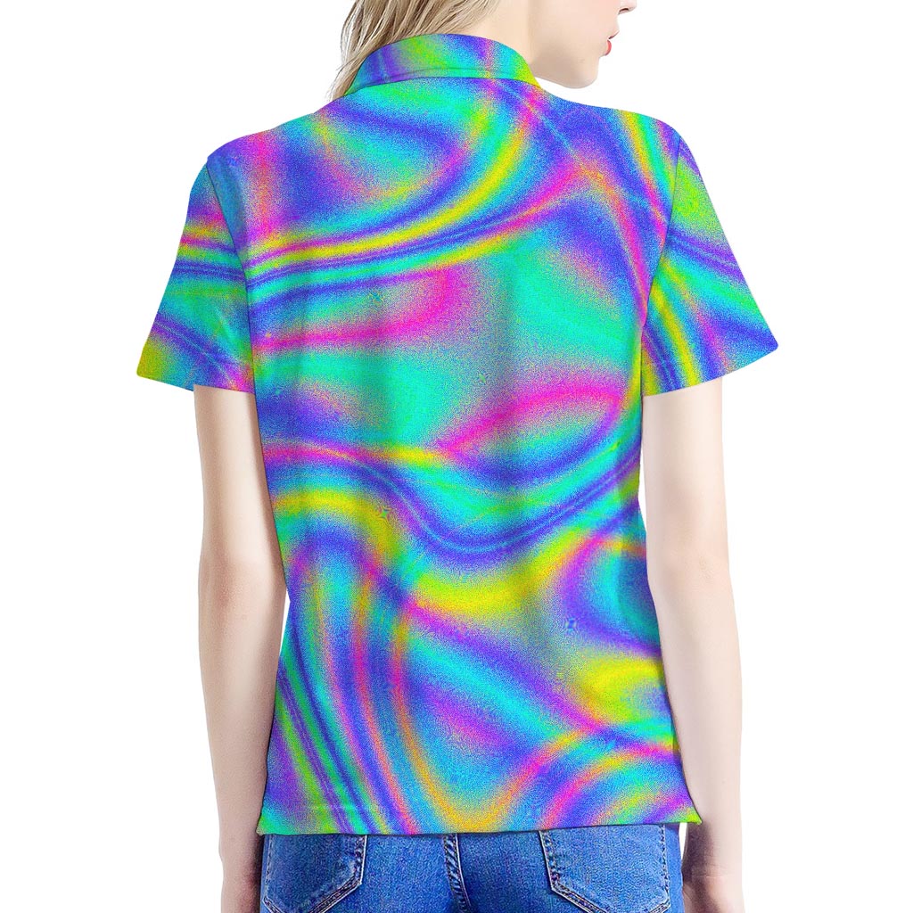Turquoise Holographic Trippy Print Women's Polo Shirt