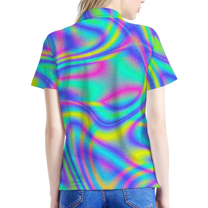 Turquoise Holographic Trippy Print Women's Polo Shirt