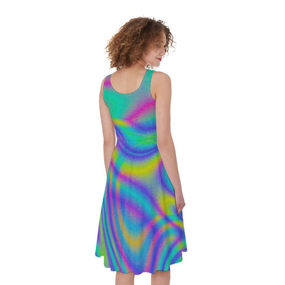 Turquoise Holographic Trippy Print Women's Sleeveless Dress