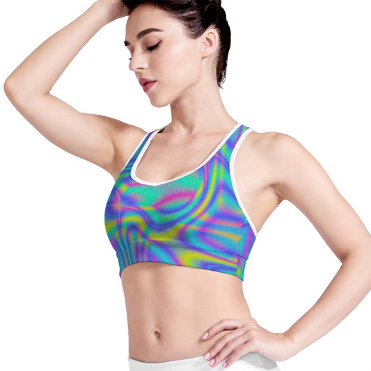 Turquoise Holographic Trippy Print Women's Sports Bra