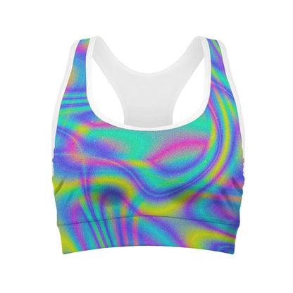 Turquoise Holographic Trippy Print Women's Sports Bra