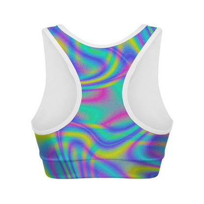 Turquoise Holographic Trippy Print Women's Sports Bra