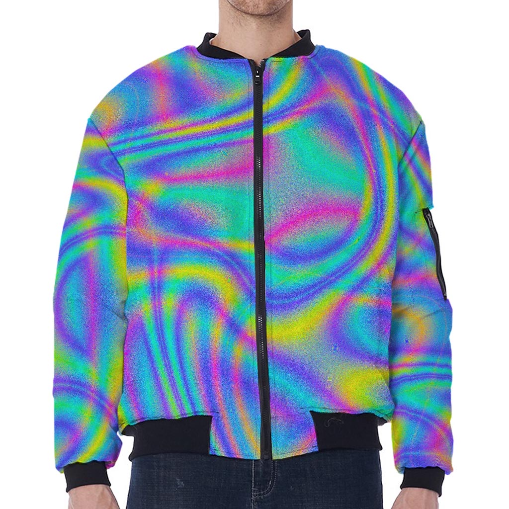 Turquoise Holographic Trippy Print Zip Sleeve Bomber Jacket