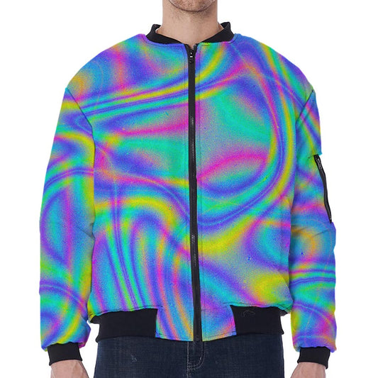 Turquoise Holographic Trippy Print Zip Sleeve Bomber Jacket