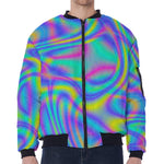 Turquoise Holographic Trippy Print Zip Sleeve Bomber Jacket
