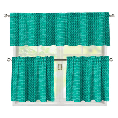 Turquoise Knitted Pattern Print 3 Piece Kitchen Curtains