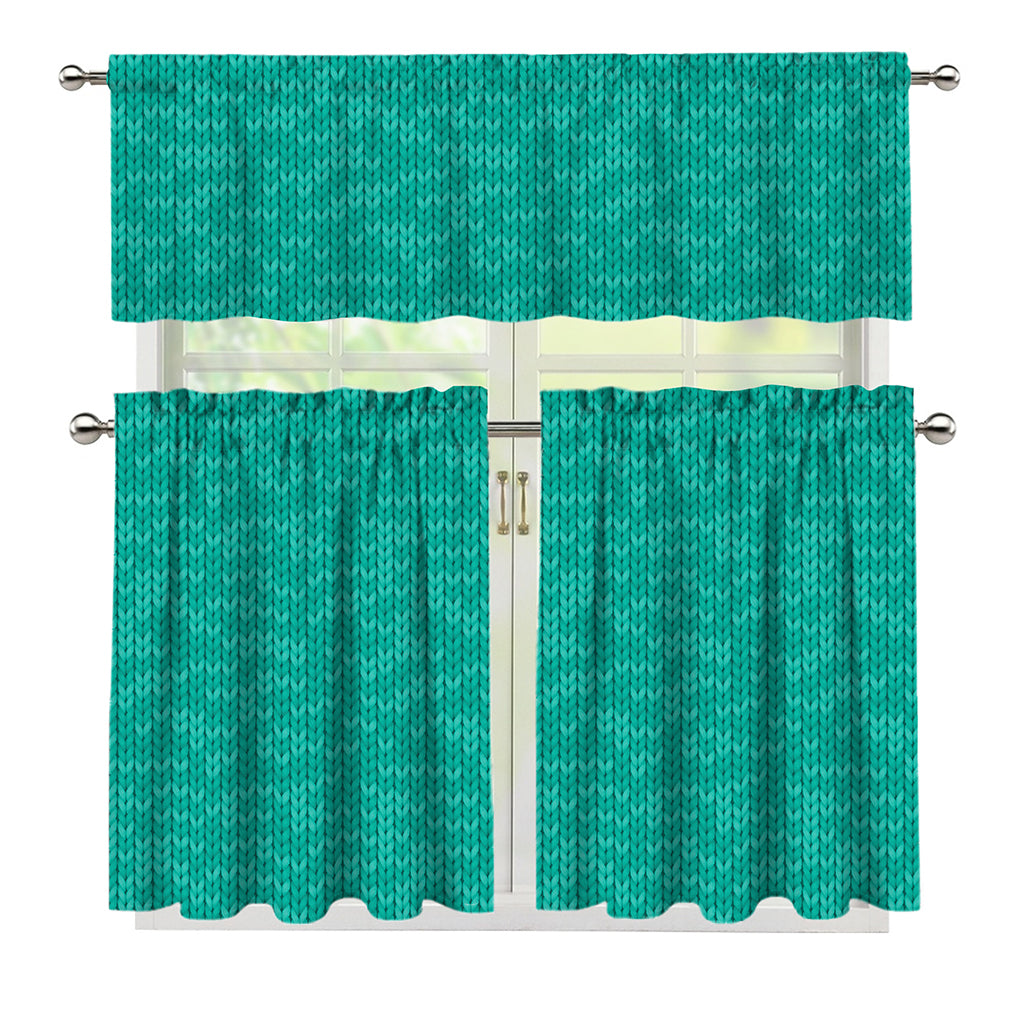 Turquoise Knitted Pattern Print 3 Piece Kitchen Curtains