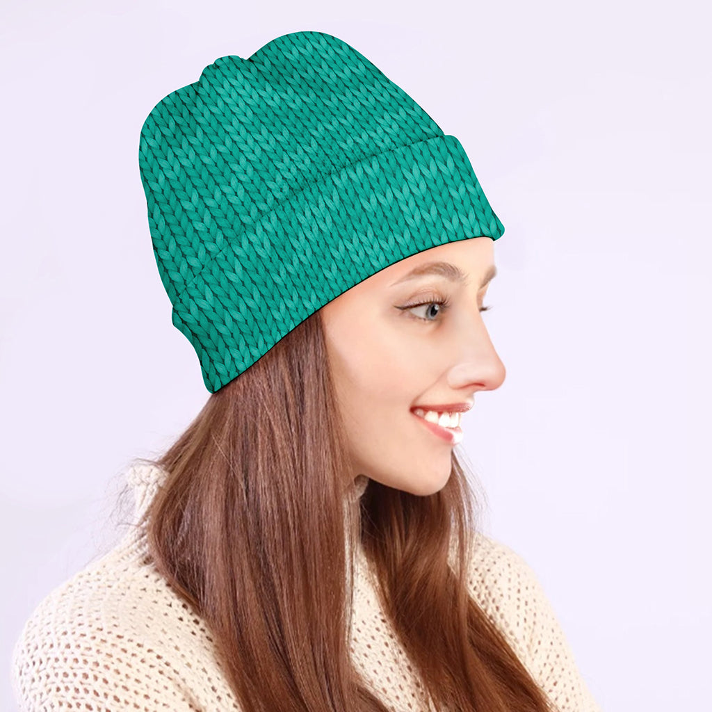 Turquoise Knitted Pattern Print Beanie