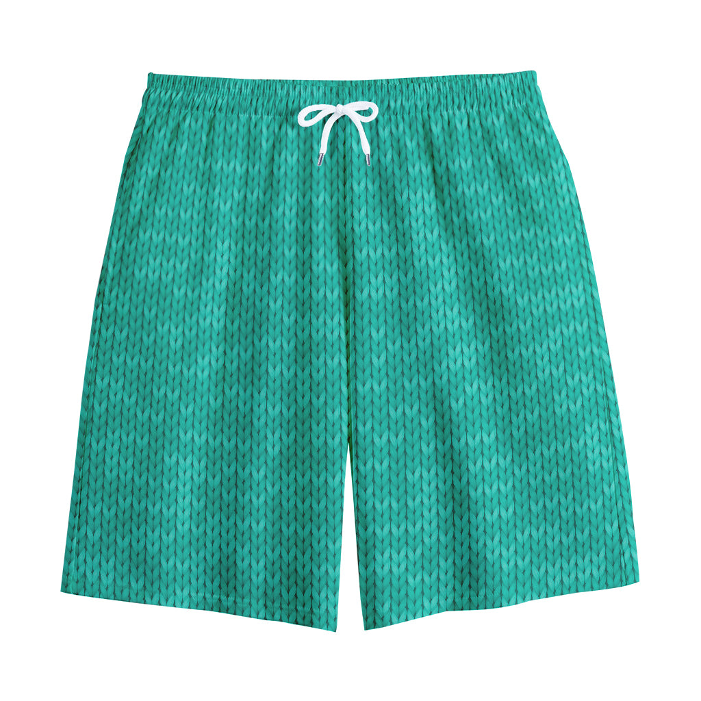 Turquoise Knitted Pattern Print Cotton Shorts