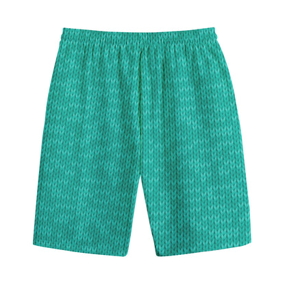 Turquoise Knitted Pattern Print Cotton Shorts