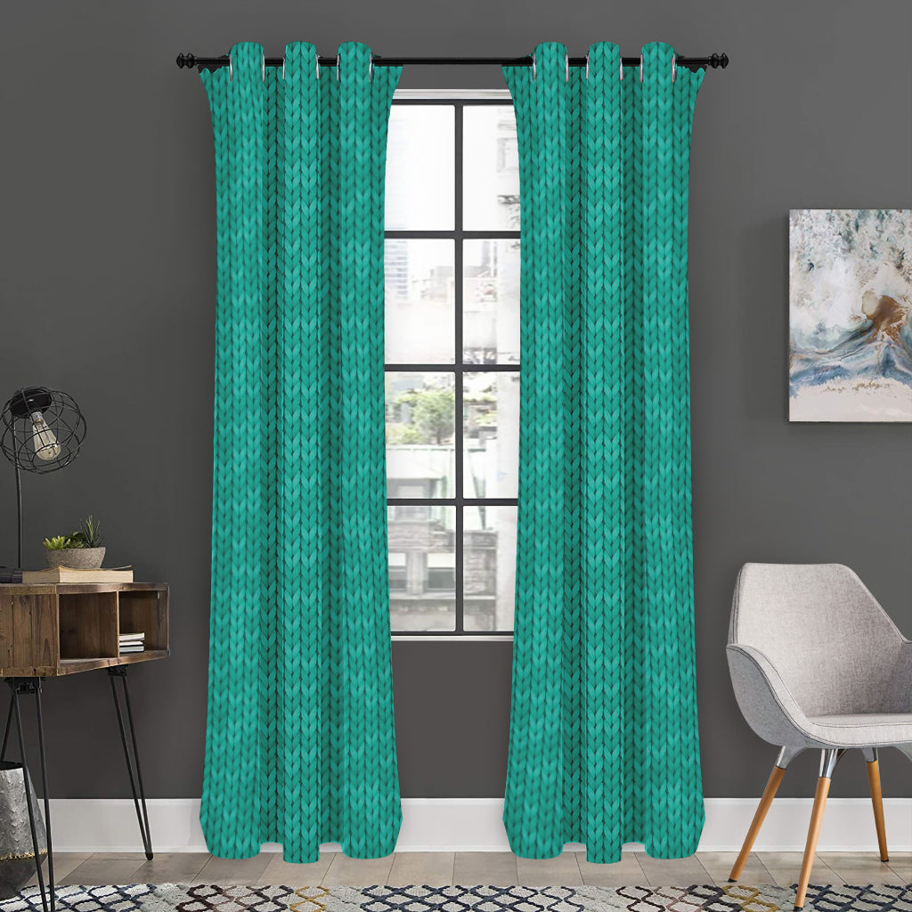 Turquoise Knitted Pattern Print Curtain