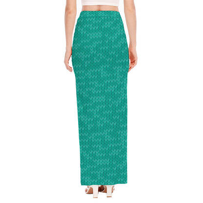 Turquoise Knitted Pattern Print High Slit Maxi Skirt